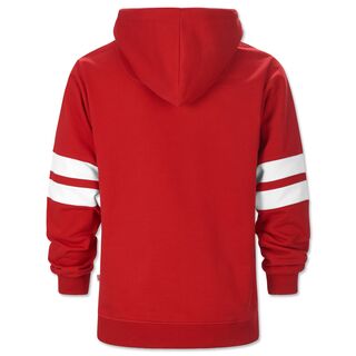 rote Rückseite des Hoodies mit weißen Streifen auf den Ärmeln