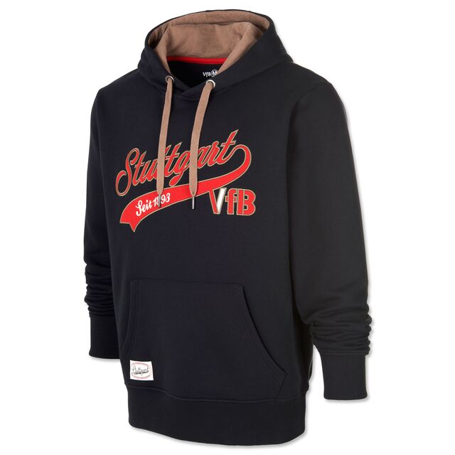 schwarzer Hoodie mit Kängurutaschen und mit der roten Aufschrift Stuttgart seit 1893 VfB
