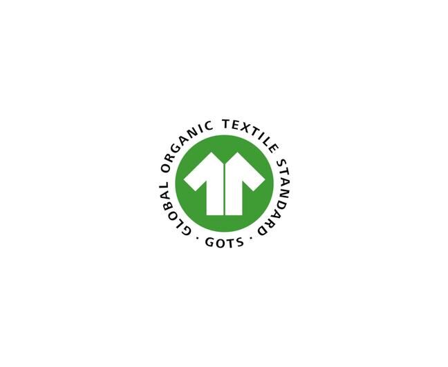 Rundes Logo mit grünem Kreis und weißem T-Shirt-Symbol in der Mitte. Außen der Schriftzug ‚Global Organic Textile Standard – GOTS