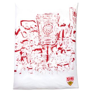 weiße Decke mit roter Grafik der Pokalsieger Mannschaft und dem DFB Pokal