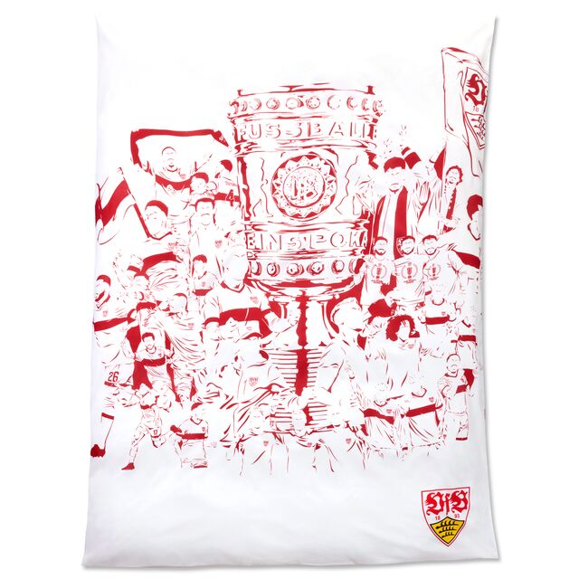 weiße Decke mit roter Grafik der Pokalsieger Mannschaft und dem DFB Pokal