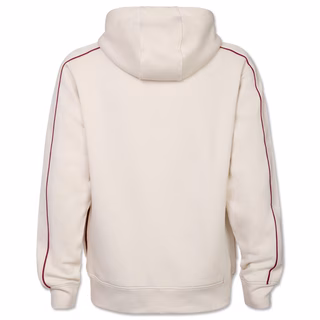 beigefarbene Rückseite der Sweatjacke mit rotem Streifen auf dem Ärmel