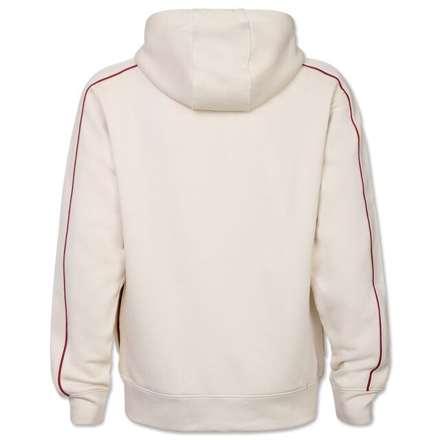 beigefarbene Rückseite der Sweatjacke mit rotem Streifen auf dem Ärmel