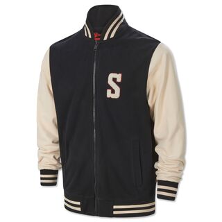 schwarze Jacke mit beigefarbenen Ärmeln, Reissverschluss und einem beigefarbenen S auf der Brust