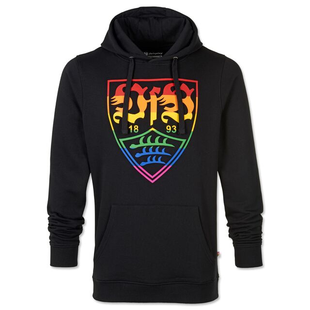 schwarzer Hoodie mit Kängurutaschen mit großem VfB Wappen in Regenbogenfarben