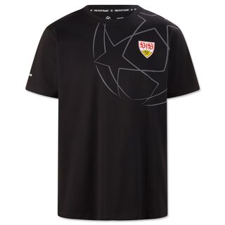 schwarzes T-Shirt mit VfB Wappen und Champions League Ball