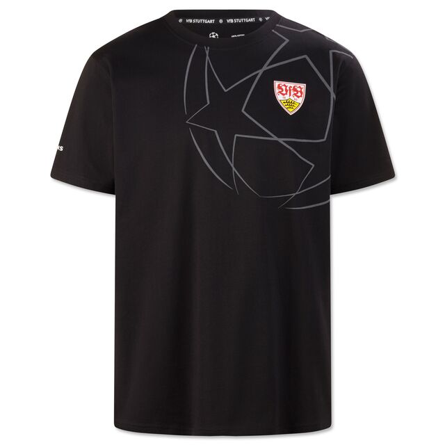 schwarzes T-Shirt mit VfB Wappen und Champions League Ball