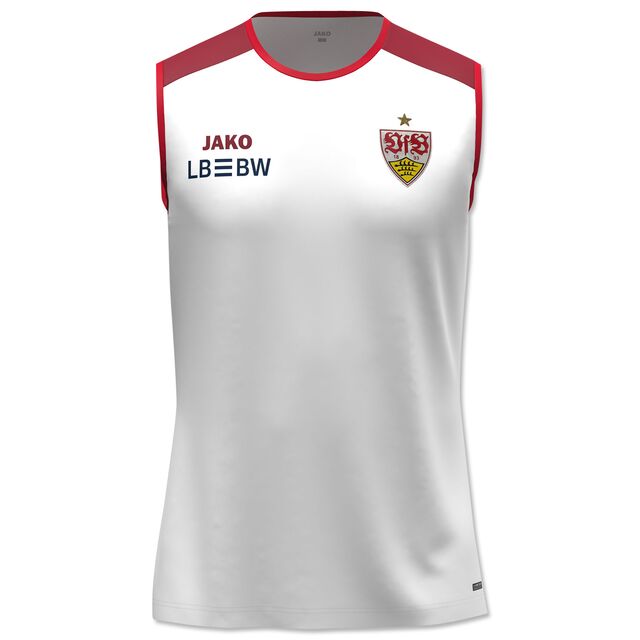 weiß-rotes Tanktop mit JAKO-Logo, LBBW-Logo und VfB Wappen auf der Vorderseite