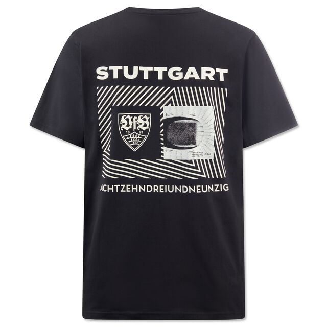 schwarze Rückseite des VfB T-Shirts ein Verein mit der Aufschrift Stuttgart Achtzehnhundertdreiundneunzig, dem VfB Wappen und einer Draufsicht des Stadions