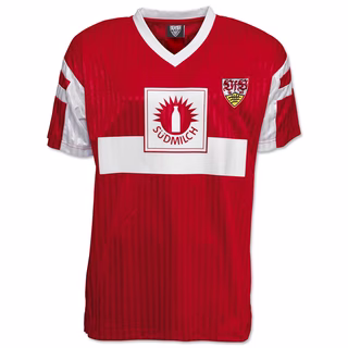 rotes Trikot mit weißem Brustring und großem Südmilch Logo sowie dem VfB Wappen auf der Brust