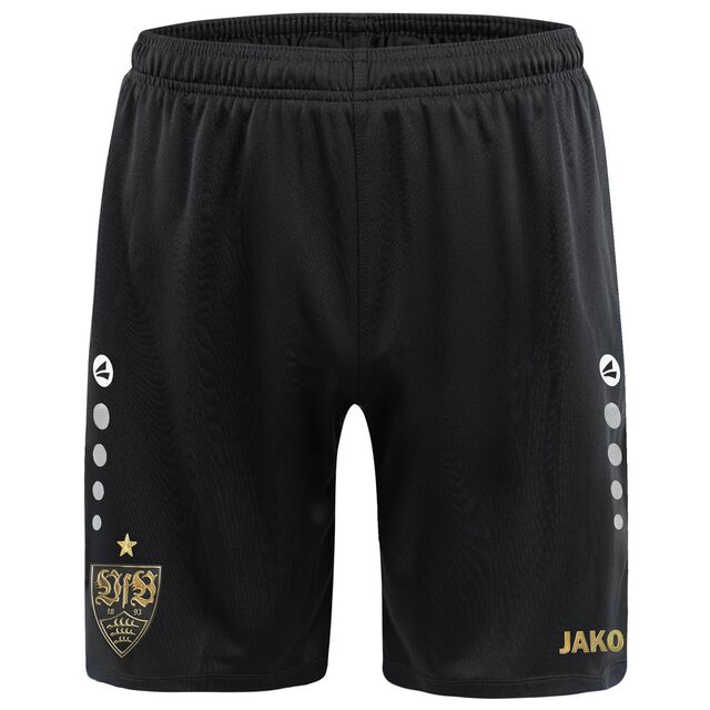 schwarze Shorts mit goldenem VfB Wappen auf einem Bein und JAKO Logo auf dem anderen Bein