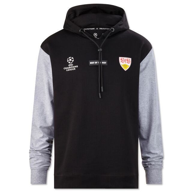 schwarzer Hoodie mit grauen Ärmeln, VfB Wappen, Champions League Logo und der Aufschrift Best of the Best