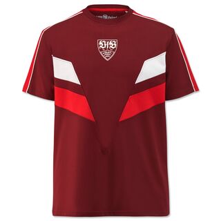 bordeauxrotes T-Shirt mit roten und weißen Details und VfB Wappen auf der Vorderseite