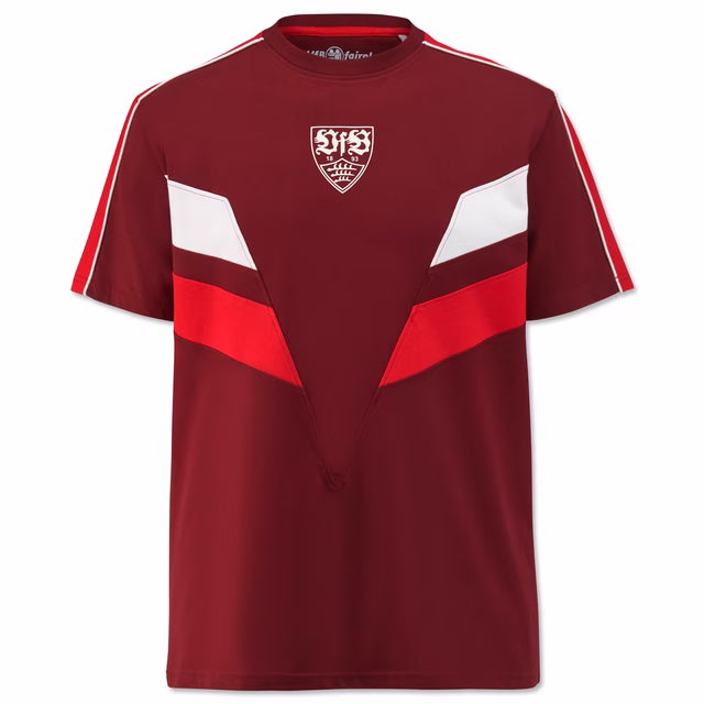 bordeauxrotes T-Shirt mit roten und weißen Details und VfB Wappen auf der Vorderseite