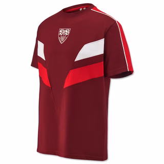 bordeauxrotes T-Shirt mit roten und weißen Details und VfB Wappen auf der Vorderseite