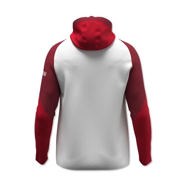 weiß-rote Rückseite der Kapuzenjacke 25/26