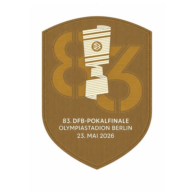 DFB Pokal Final Batch in gold mit Schriftzug 83. DFB Pokalfinale, Olympiastadion Berlin, 23. Mai 2026 