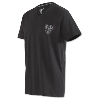 schwarzes T-Shirt mit grauem VfB Wappen auf der Brust