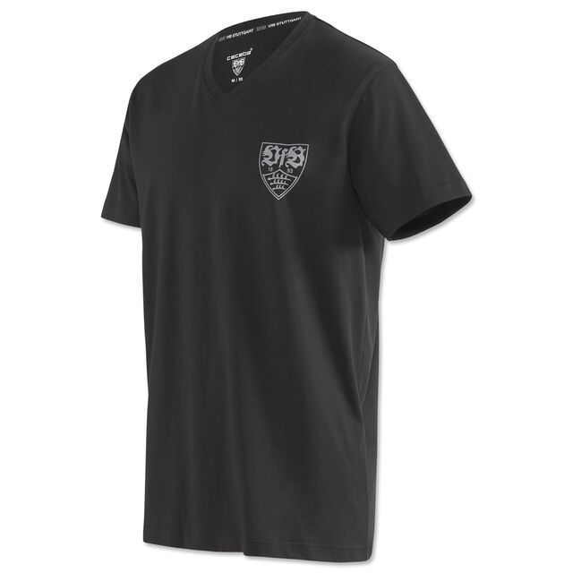 schwarzes T-Shirt mit grauem VfB Wappen auf der Brust