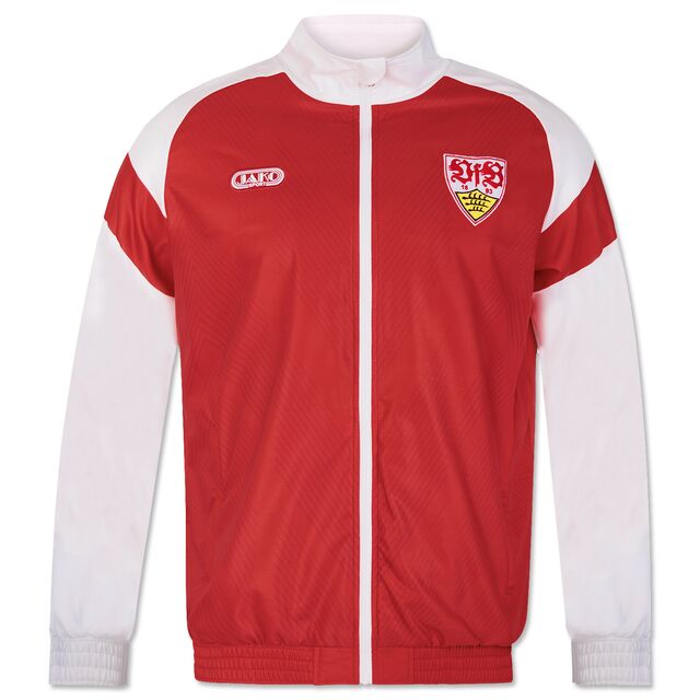 weiß-rote Jacke im Retro-Stil mit VfB Wappen und JAKO Logo auf der Brust