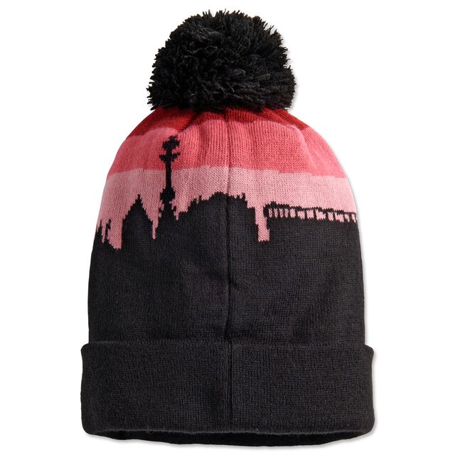 schwarze Bommelmütze mit rotem Farbverlauf mit der Skyline von Stuttgart