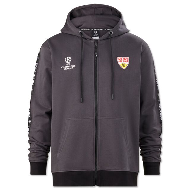 schwarze Hoodie Jacke mit Reissverschluss mit VfB Wappen und Champions League Logo auf der Brust