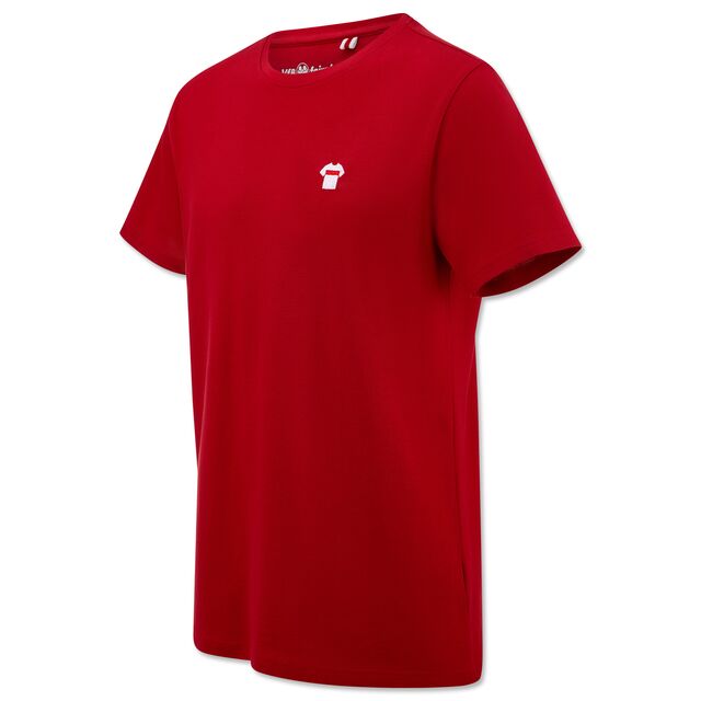rotes T-Shirt mit kleiner Grafik des weißen VfB Heimtrikots auf der Brust