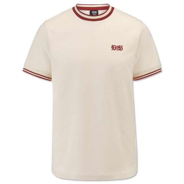 cremefarbenes T-Shirt mit kleinem roten VfB Logo auf der Brust und roten Streifen an Ärmeln und Kragen