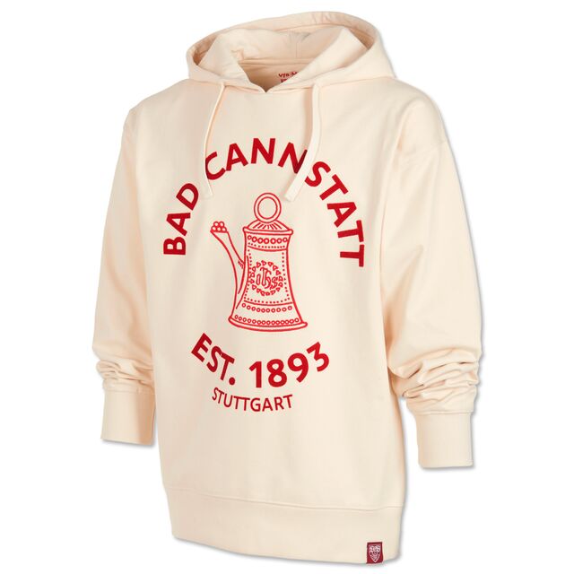 cremefarbener Hoodie mit großer roter Abbildung der Cannstatter Kanne und der Aufschrift Bad Cannstatt est. 1893 Stuttgart