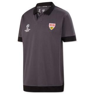 grau-schwarzes Polo Shirt mit VfB Wappen und Champions League Logo auf der Brust