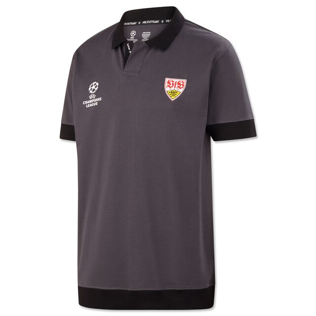 grau-schwarzes Polo Shirt mit VfB Wappen und Champions League Logo auf der Brust