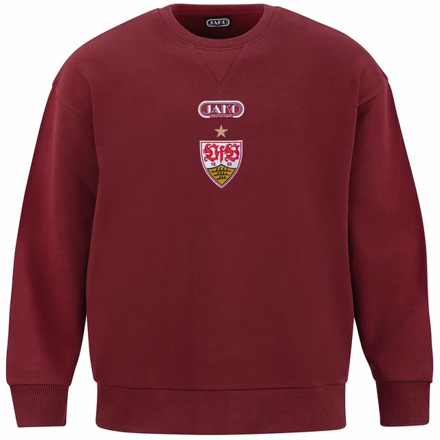 Rotes Sweatshirt mit VfB Wappen und JAKO Logo in der Mitte 