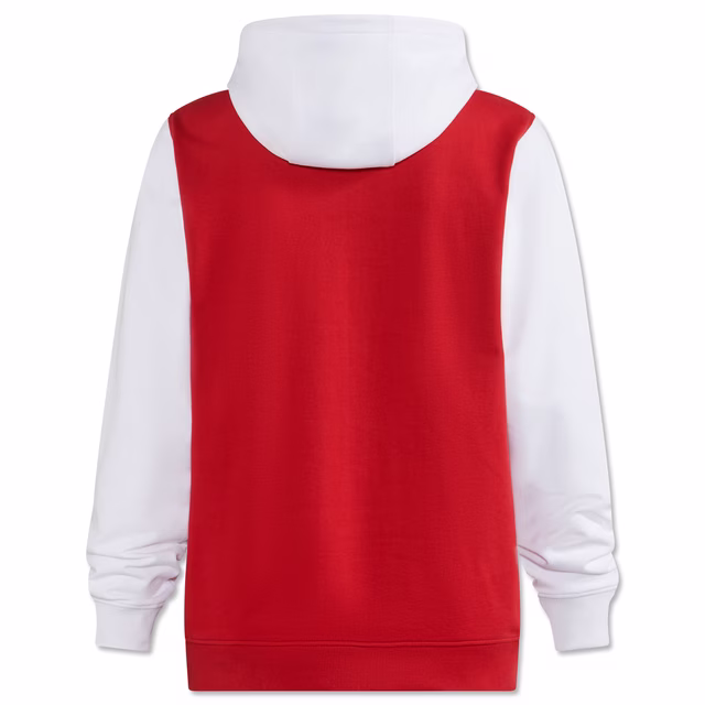 rote Rückseite des Hoodies mit weißer Kapuze und weißen Ärmeln