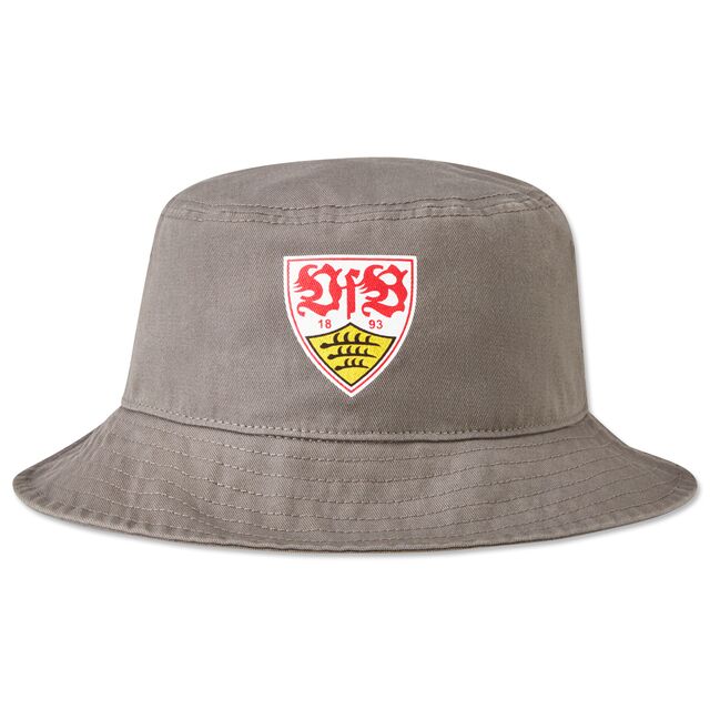 grauer Fischerhut mit verwaschener Optik und dem VfB Wappen auf der Vorderseite