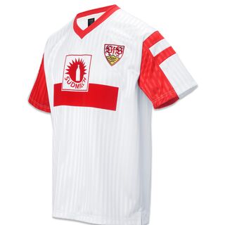 weißes Trikot mit roten Elementen, VfB Wappen und Südmilch Logo auf der Vorderseite