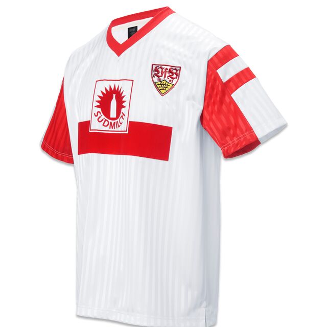 weißes Trikot mit roten Elementen, VfB Wappen und Südmilch Logo auf der Vorderseite