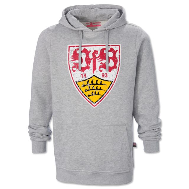 grauer Hoodie mit Kängurutaschen und VfB Wappen im Used Look