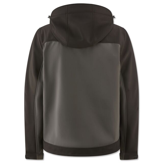 schwarz-graue Rückseite der Jacke mit Kapuze