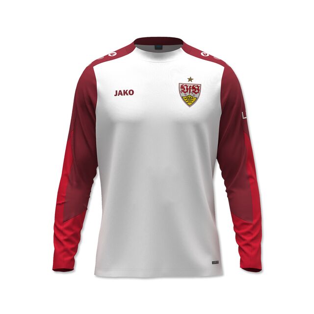 weiß-roter Trainingslongsleeve mit VfB Wappen und JAKO Schriftzug