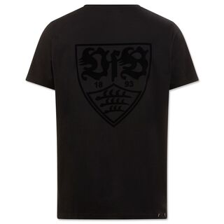 schwarze Rückseite des T-Shirts Kollektiv mit schwarzem VfB Wappen