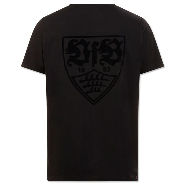 schwarze Rückseite des T-Shirts Kollektiv mit schwarzem VfB Wappen