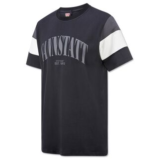 schwarzes T-Shirt mit grauem und weißem Streifen an den Ärmeln und der Aufschrift Cannstatt Stuttgart est. 1893 auf der Vorderseite