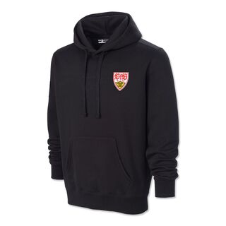 schwarzer Hoodie mit Kängurutaschen mit kleinem VfB Wappen auf der Brust