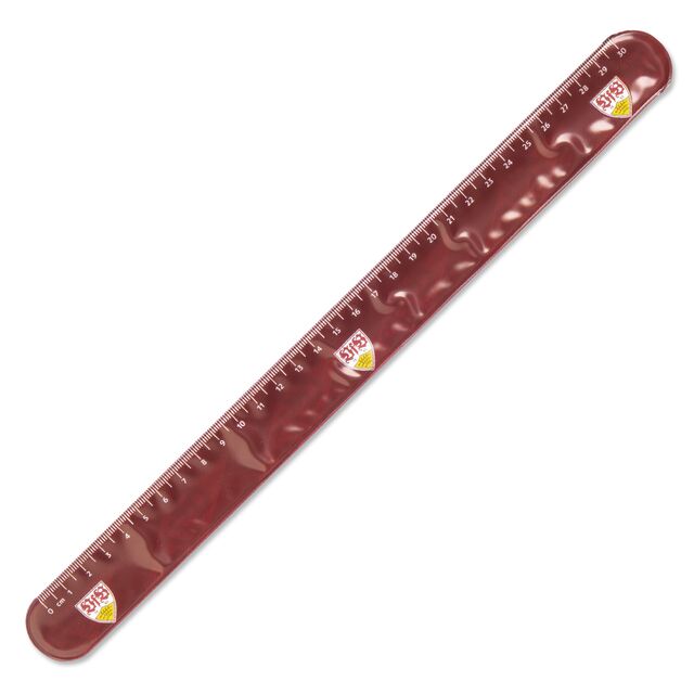 aufgeklapptes rotes Schnapparmbandlineal mit VfB Wappen
