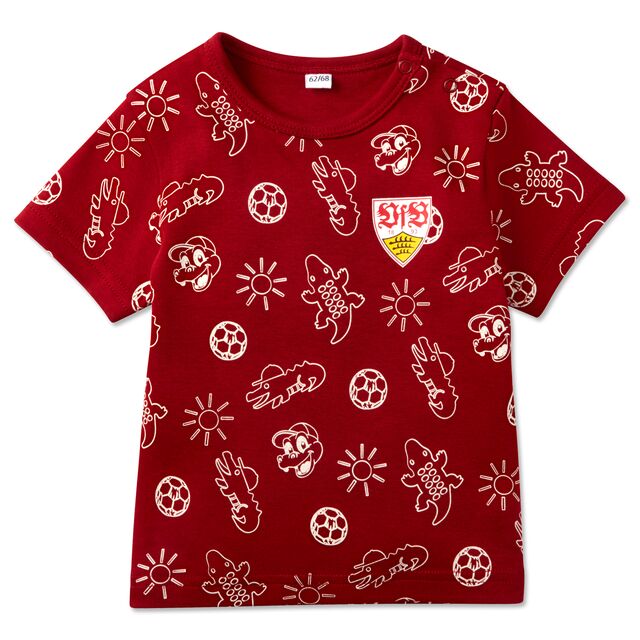 rotes T-Shirt mit Fußball- und Sommermotiven sowie dem VfB Wappen auf der Brust