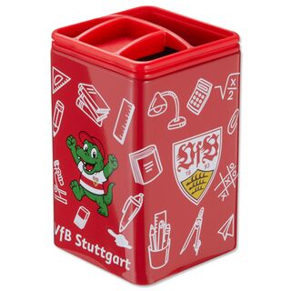Roter Stifteköcher mit VfB- und Schulmotiven 