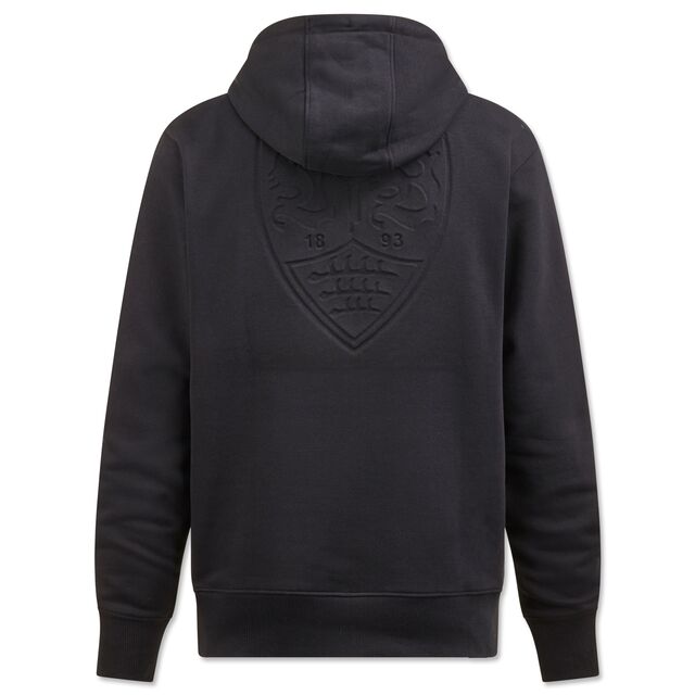 schwarze Rückseite des Hoodies mit großem schwarzen VfB Wappen