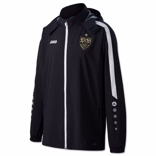 schwarze Allwetterjacke mit JAKO Logo und goldenem VfB Wappen auf der Brust