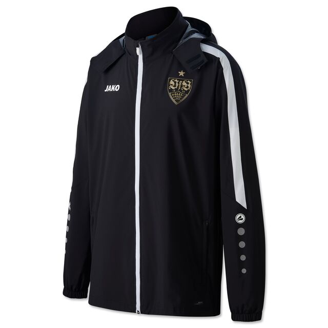 schwarze Allwetterjacke mit JAKO Logo und goldenem VfB Wappen auf der Brust