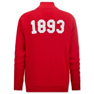 rote Rückseite der Premium Strickjacke 1893 mit großer weißer Aufschrift 1893
